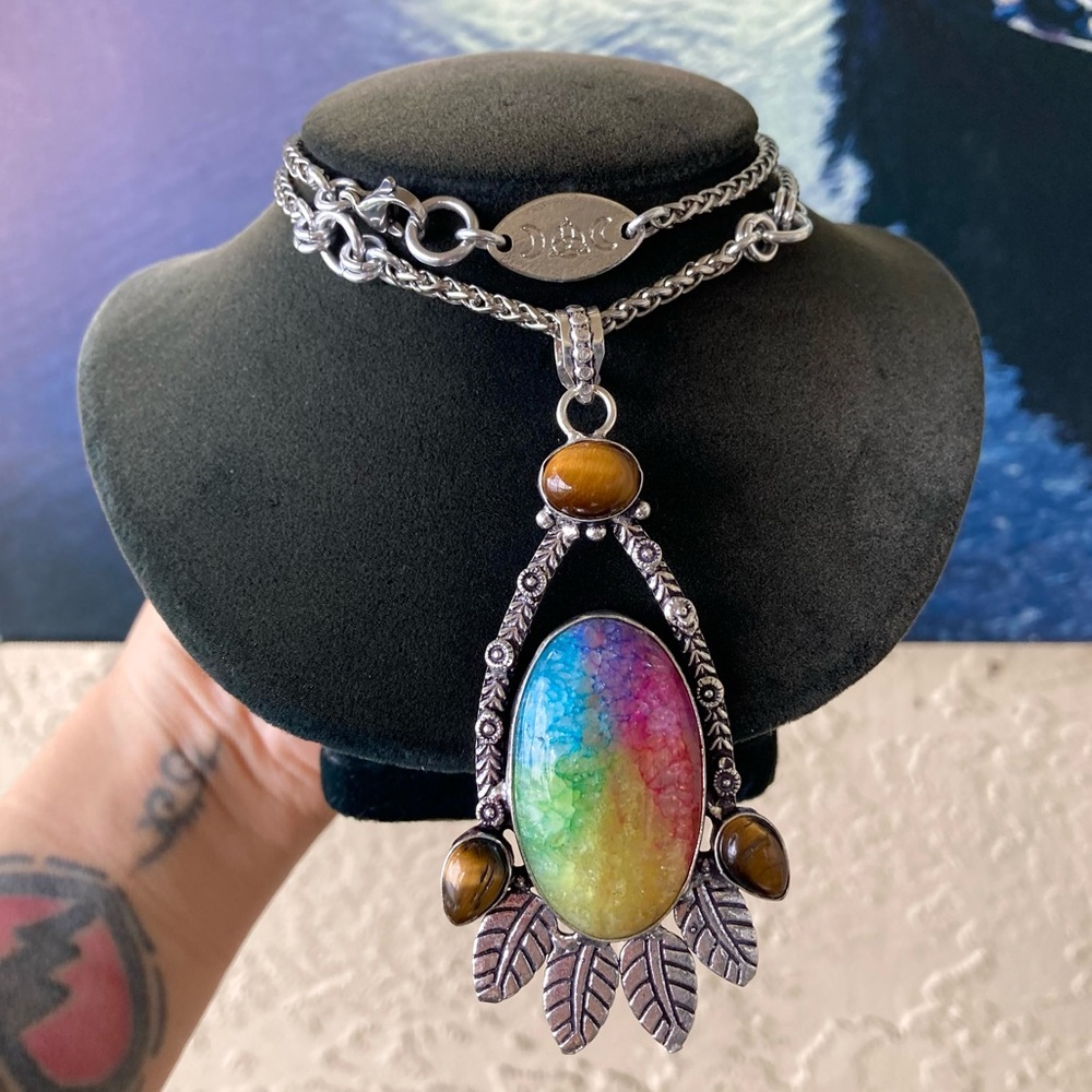 925 sterling silver overlay Rainbow solar quartz tiger eye stone charm necklace - Picture 13 of 13